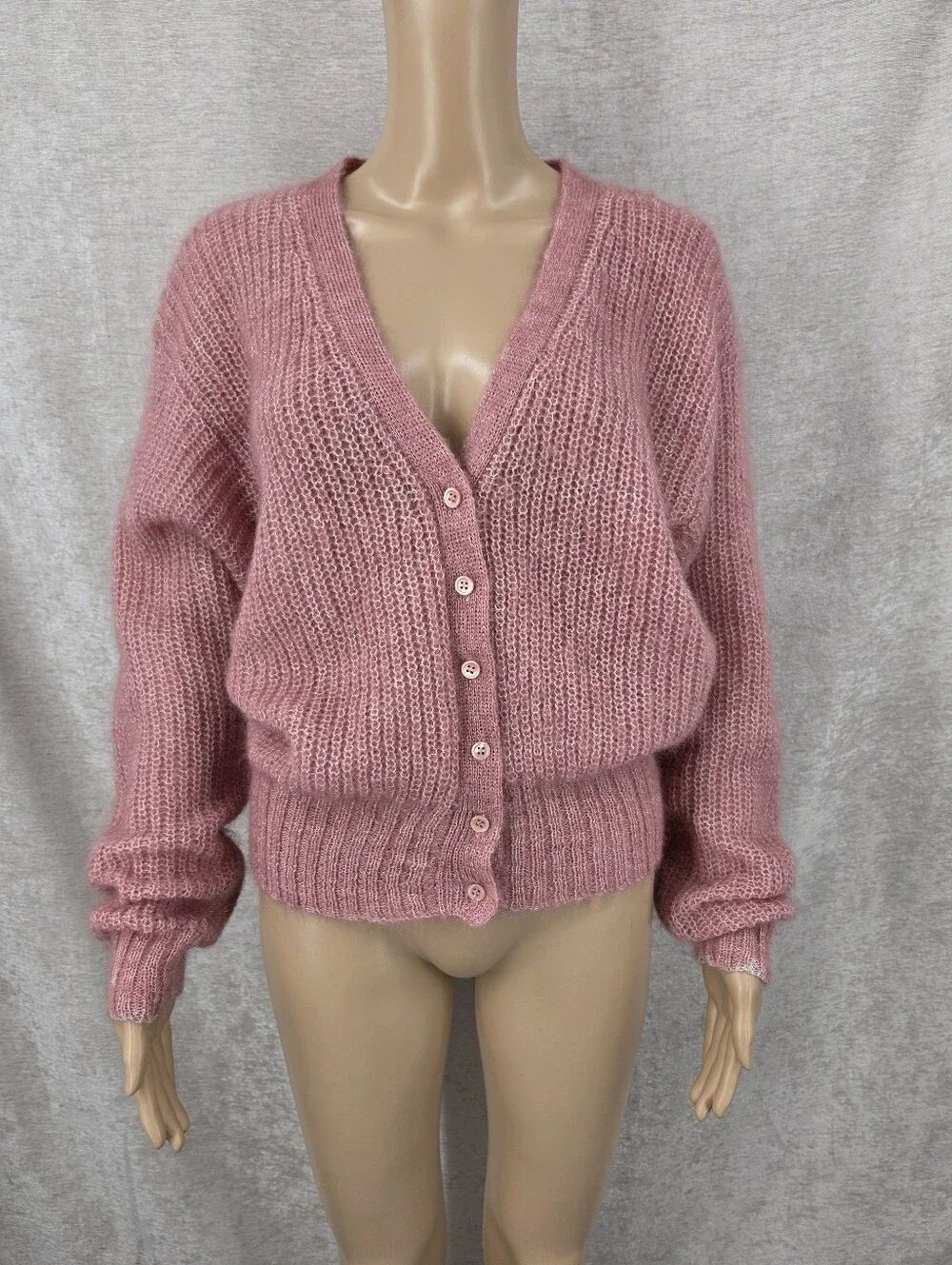 Vintage Mohair Soft Fuzzy V-Neck Cardigan Sweater Dusty Rose Pink